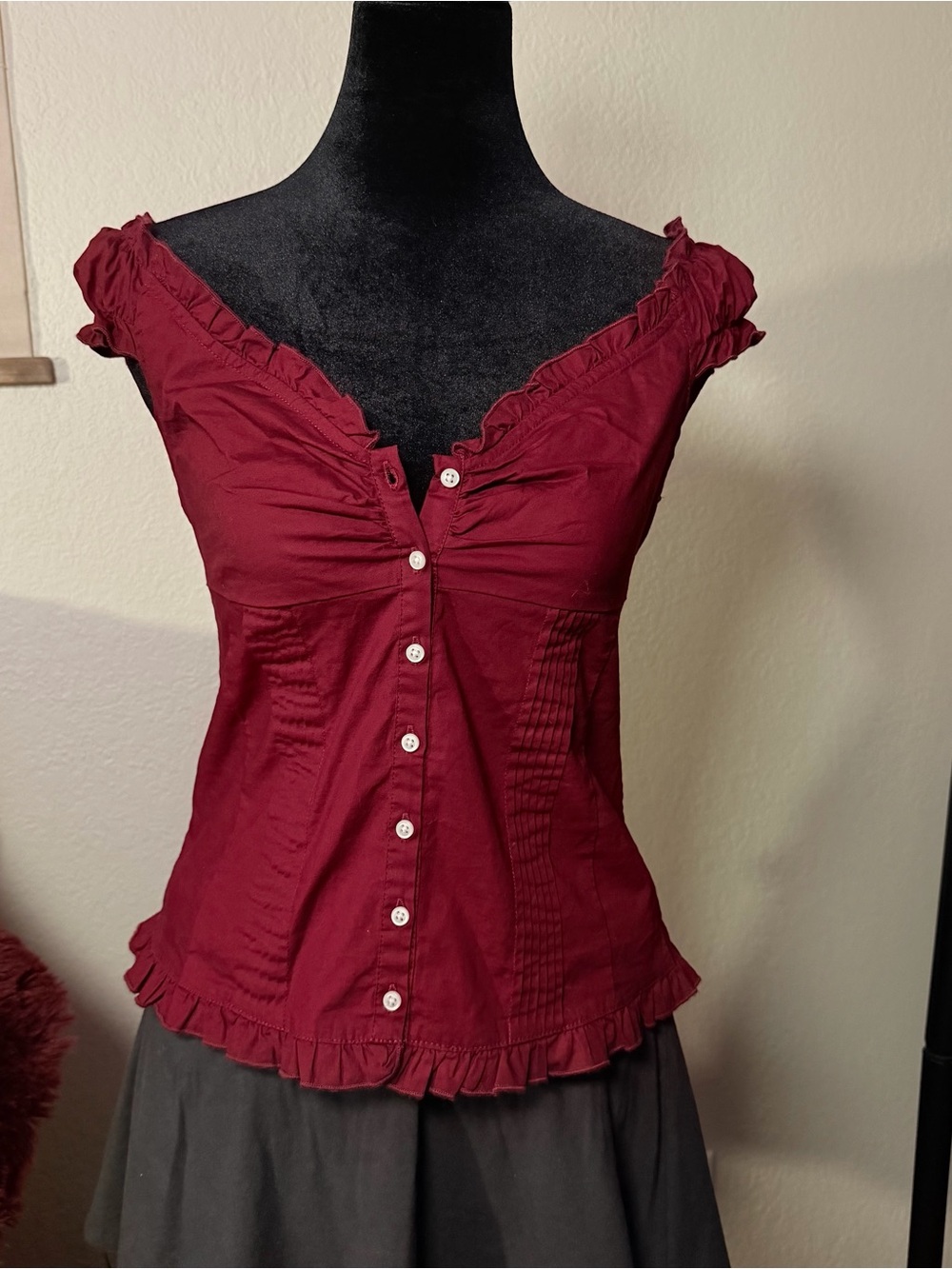 Brandy Melville Burgundy Ruffled Button Up Blouse Off Shoulder Short Sleeve Top